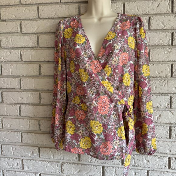 Anthropologie Pleione Pink Floral Faux Wrap With Bow Boho Blouse Medium - Picture 1 of 8